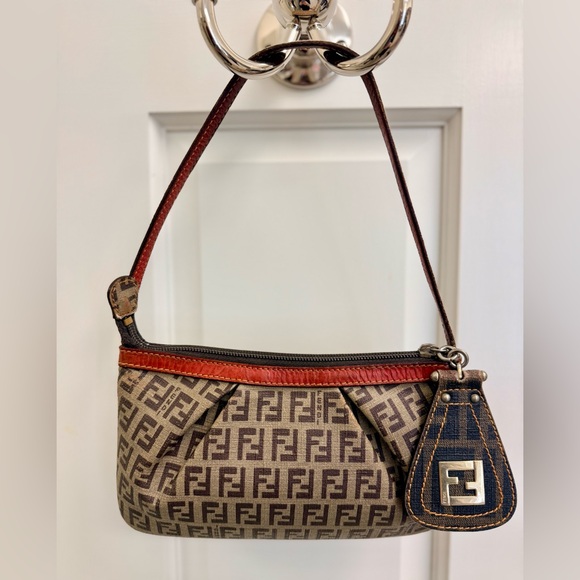 FENDI Vintage Y2K Brown FF Canvas Monogram Zucchino Pochette Shoulder Handbag